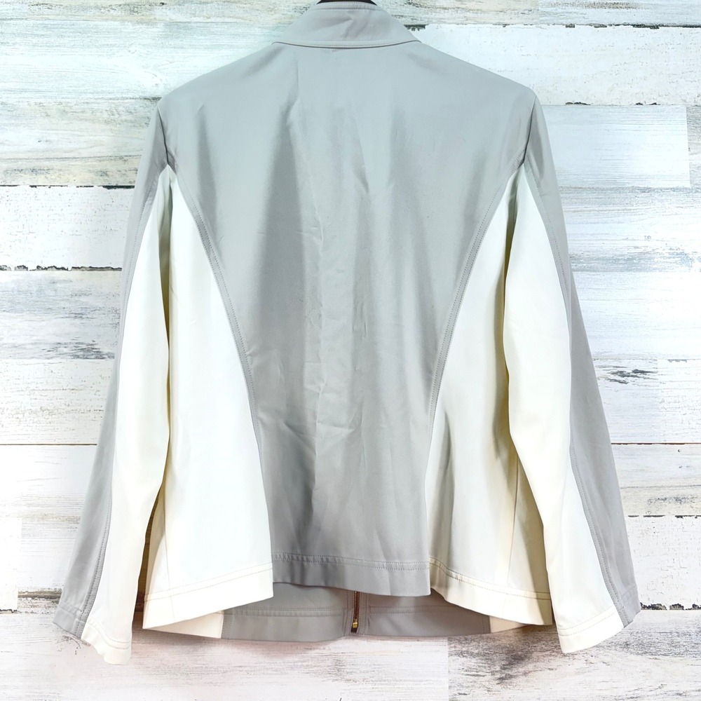 St John Womens Large Grey Cream Colorblock Full Zip Mock Neck Jacket L Sporty - Picture 2 of 12